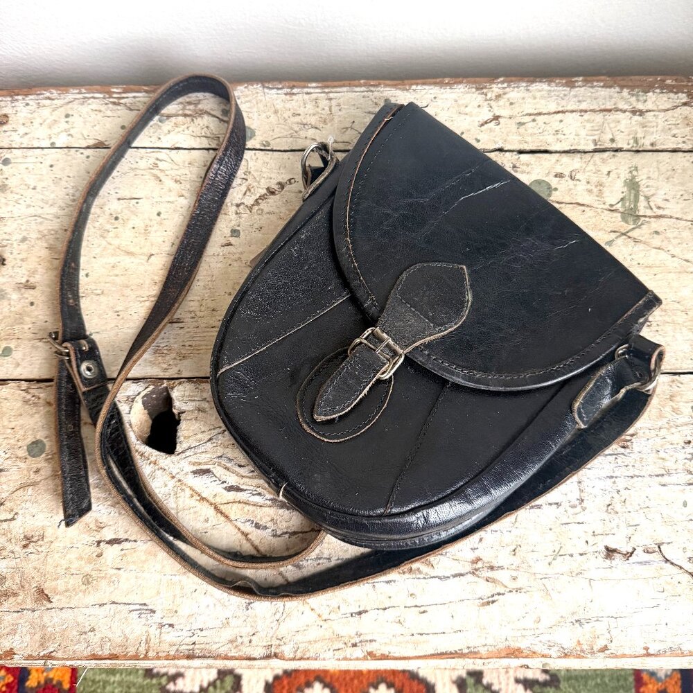 Vintage Black Leather Shoulder Bag, Shoulder  Strap, Crossbody‎ Bag, Black Purse